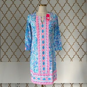 Lilly Pulitzer NWT knit UPF 50 + Nadine Dress Zanzibar Blue Fish Kiss Print. S